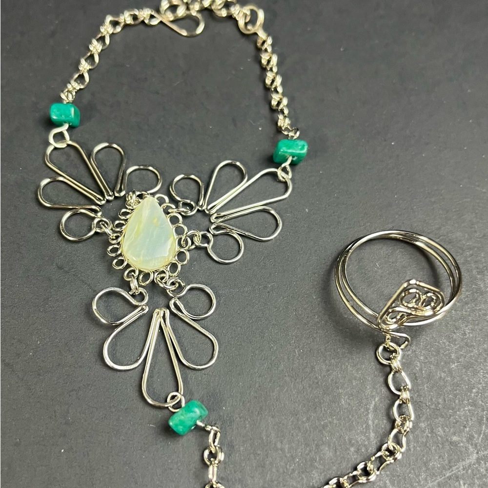 Elegant Peruvian Opal Stone and Hand Chain Slave Bracelet